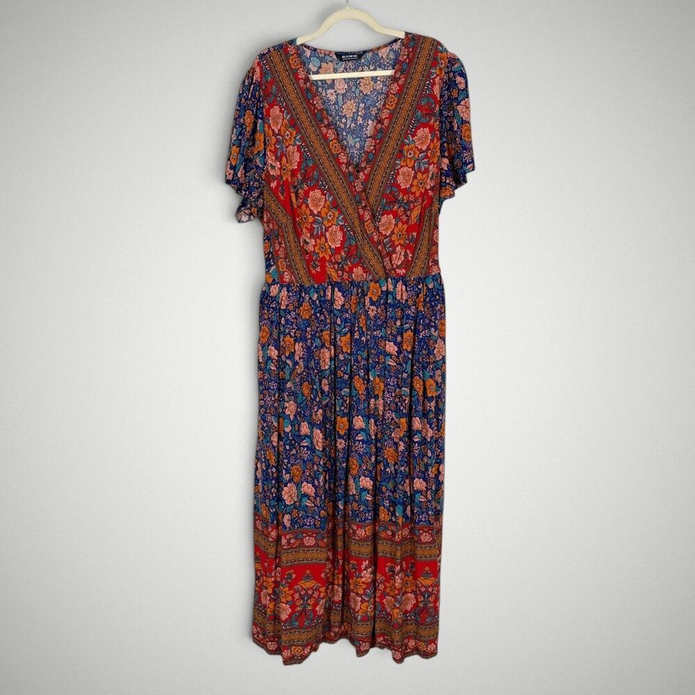 Bloom Chic Bandana Dress Floral Maxi Surplice Neck Belted Pocket Boho Size 22-24